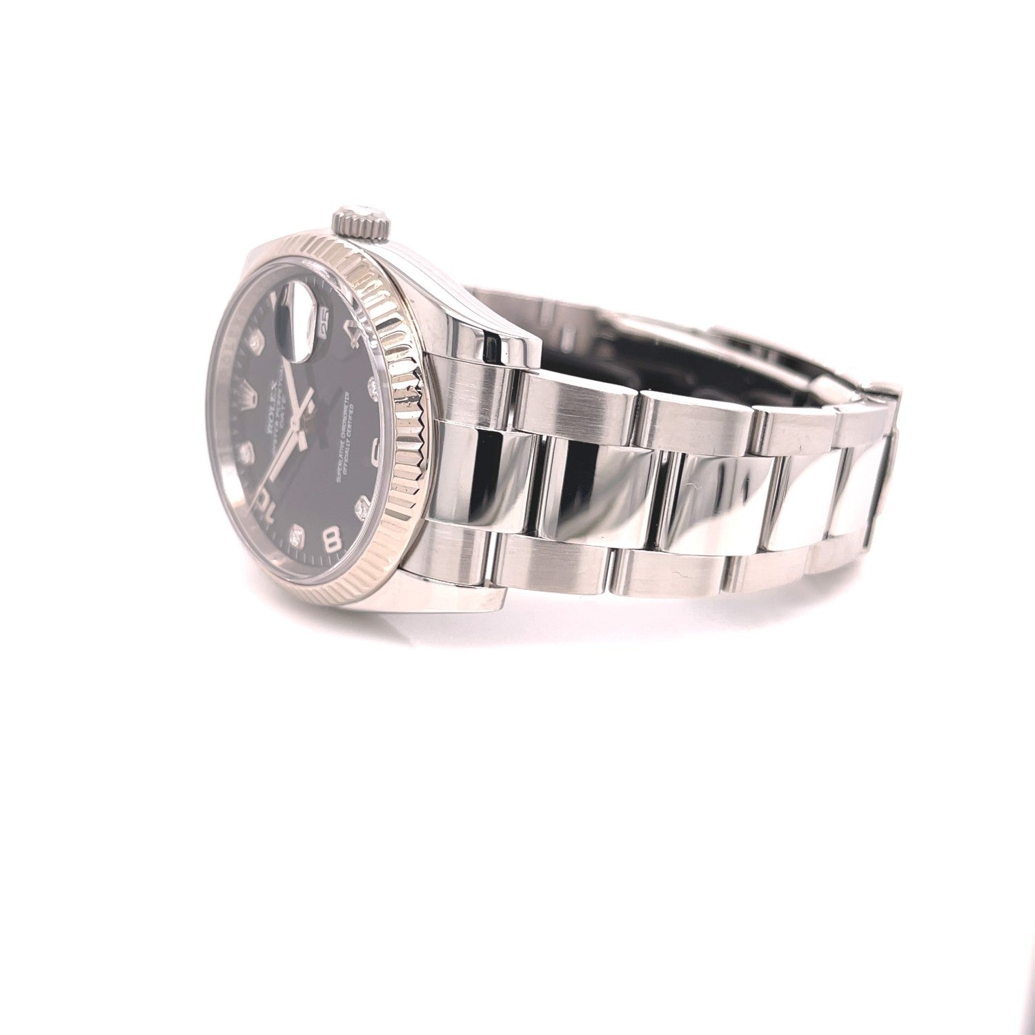 Rolex Date Oyster Perpetual 34MM 18K White Gold Fluted Bezel 115234 - Beverly Hills Watch Company