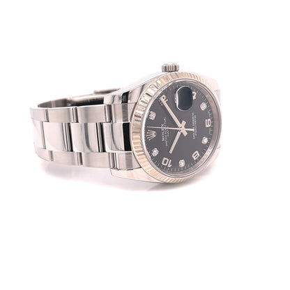 Rolex Date Oyster Perpetual 34MM 18K White Gold Fluted Bezel 115234 - Beverly Hills Watch Company
