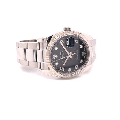 Rolex Date Oyster Perpetual 34MM 18K White Gold Fluted Bezel 115234 - Beverly Hills Watch Company
