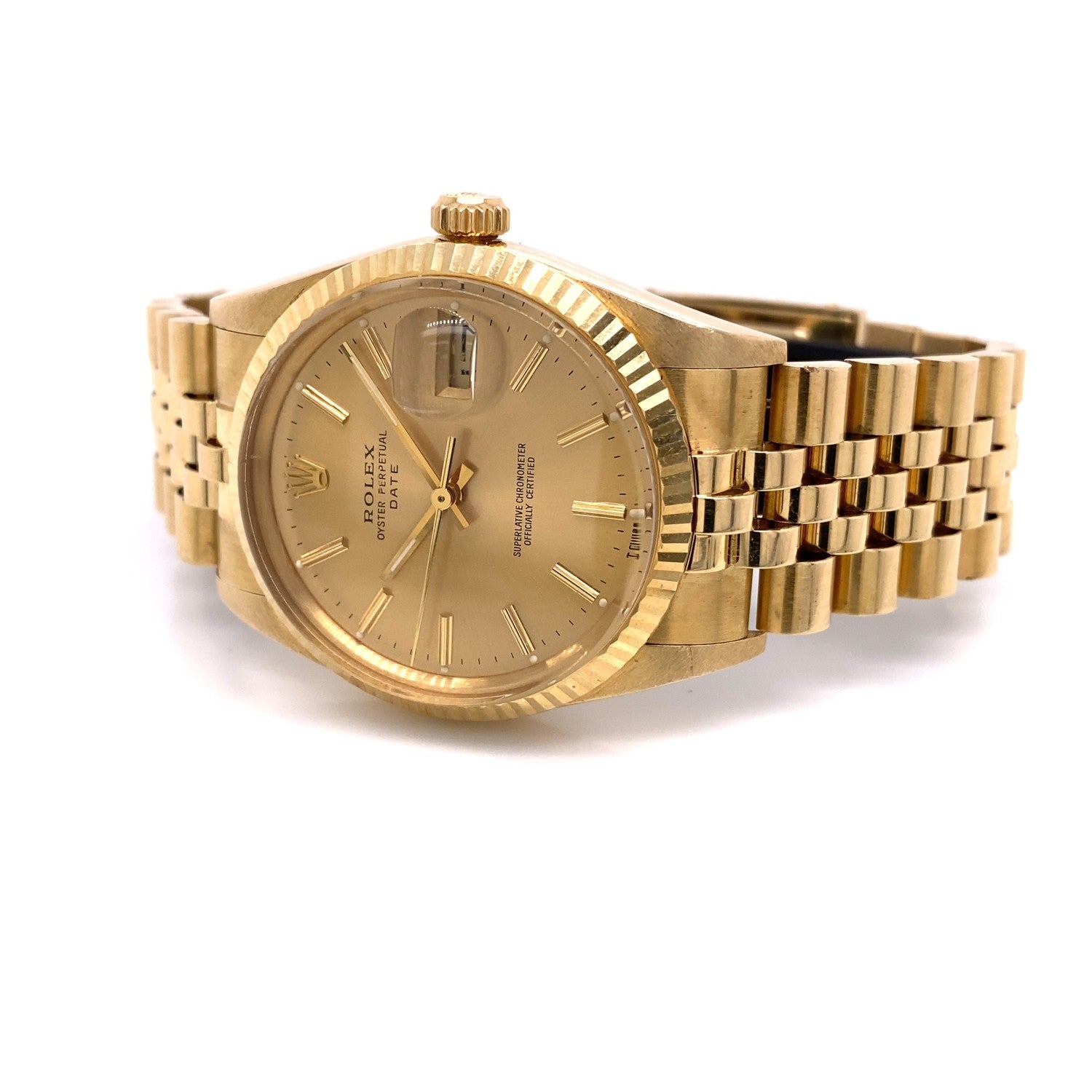 Rolex Date 34mm Yellow Gold Champagne Dial Jubilee Bracelet 15037 R2YMVW - Beverly Hills Watch Company