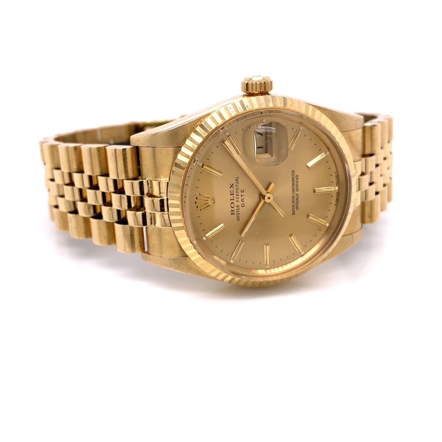 Rolex Date 34mm Yellow Gold Champagne Dial Jubilee Bracelet 15037 R2YMVW - Beverly Hills Watch Company