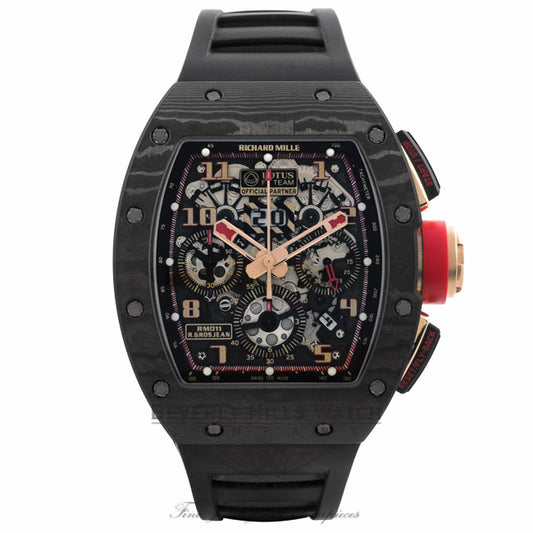 Richard Mille RM011 Rose Gold Trim Carbon Fiber Case NTPT Black Rubber Strap RM011 AO CA NYPT LOTUS F1 TEAM R2HM8T - Beverly Hills Watch Company Watch Store