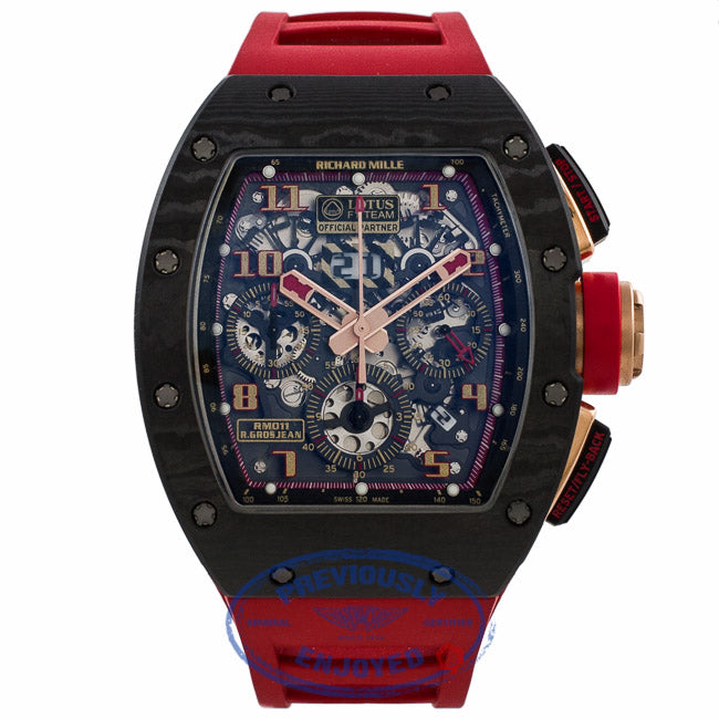 Richard Mille RM011 Rose Gold Trim Carbon Fiber Case NTPT Red Rubber Strap RM011 AOCA NYPT LOTUS F1 TEAM 5P1FTZ - Beverly Hills Watch Company Watch Store