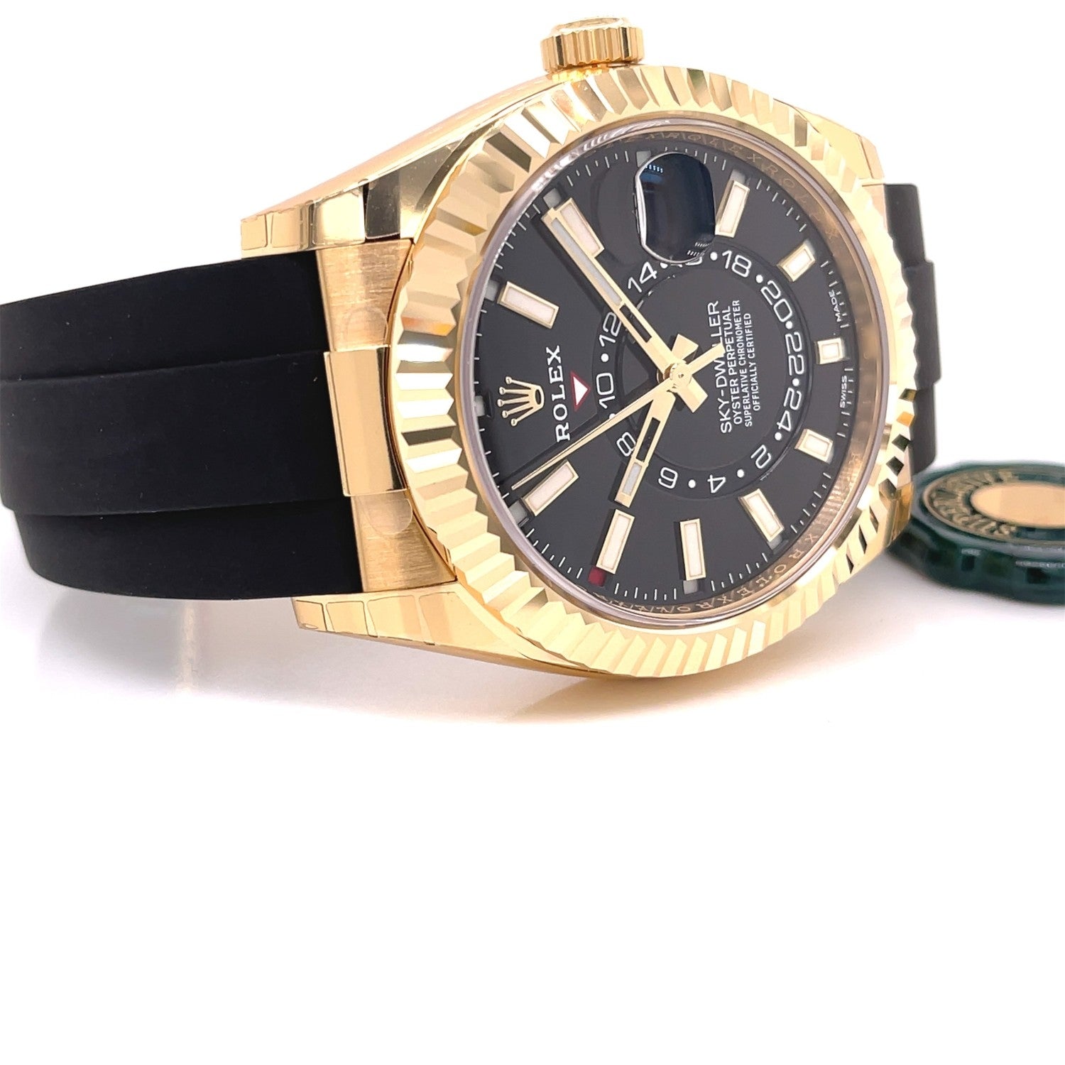Rolex Sky-Dweller 42mm Yellow Gold Black Dial Oysterflex 326238 - Beverly Hills Watch Company
