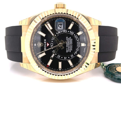 Rolex Sky-Dweller 42mm Yellow Gold Black Dial Oysterflex 326238 - Beverly Hills Watch Company