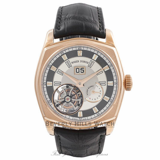 Roger Dubuis La Monegasque Flying Tourbillon Large Date 18k Rose Gold Grey Dial RDDBMG0010 VMAF1T - Beverly Hills Watch Company Watch Store