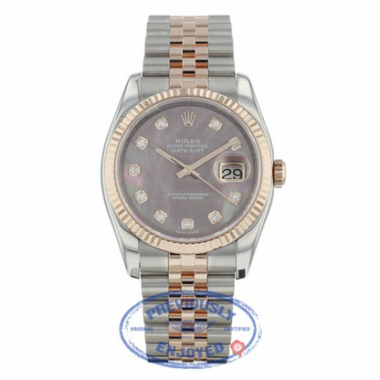 Rolex Datejust 36mm 18k Rose Gold and Stainless Black Mother of Peal Diamond Dial 116231  - Beverly Hills Watch