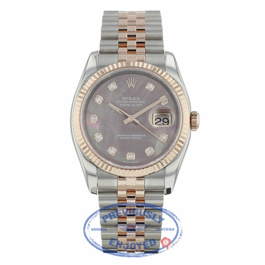 Rolex Datejust 36mm 18k Rose Gold and Stainless Black Mother of Peal Diamond Dial 116231  - Beverly Hills Watch