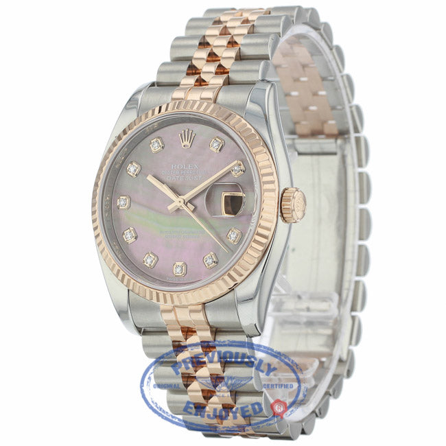 Rolex Datejust 36mm 18k Rose Gold and Stainless Black Mother of Peal Diamond Dial 116231  - Beverly Hills Watch