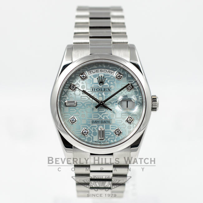 Rolex Platinum President Day Date 36mm Ice Blue Diamond Dial Watch 118206 Beverly Hills Watch Company Watches