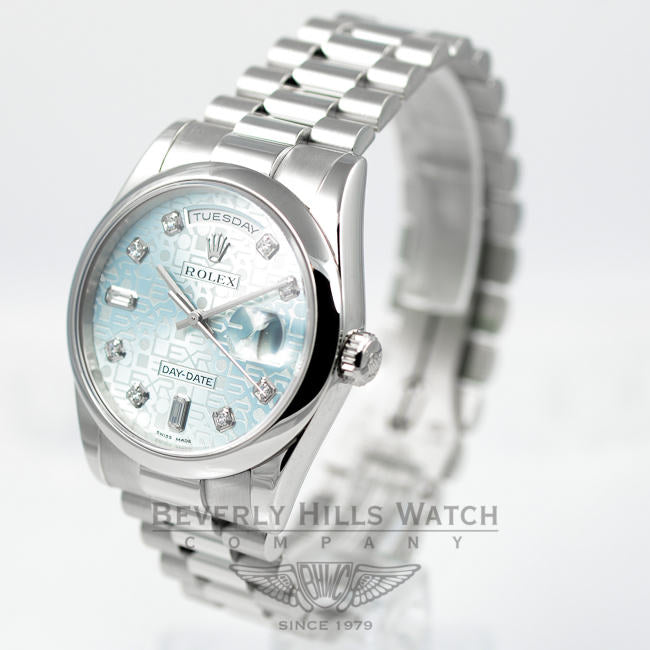 Rolex Platinum President Day Date 36mm Ice Blue Diamond Dial Watch 118206 Beverly Hills Watch Company Watches