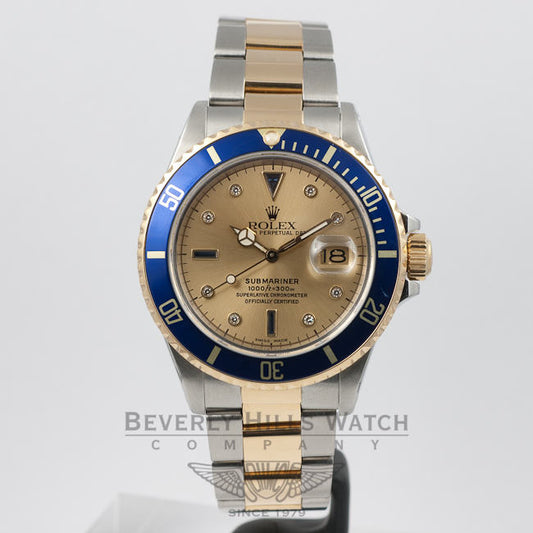 Rolex Submariner Steel and 18K Yellow Gold Serti Diamond and Sapphire Dial Watch 16803 Beverly Hills Watch Company Watches