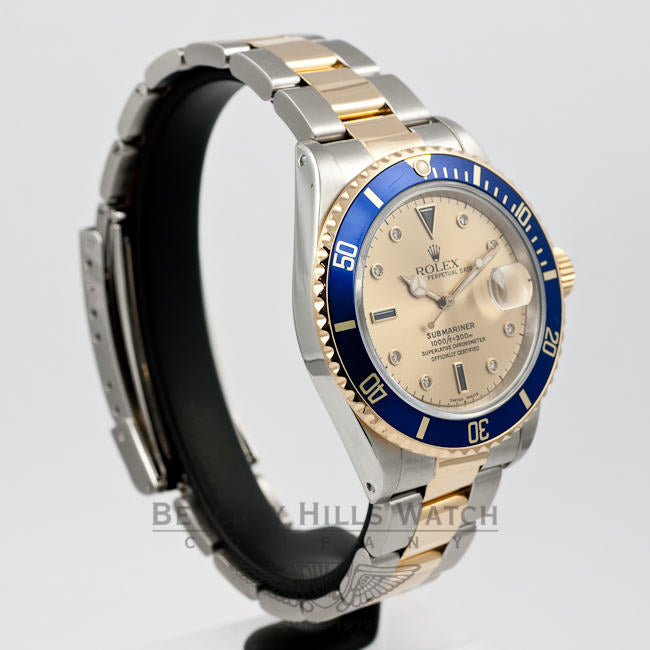 Rolex Submariner Steel and 18K Yellow Gold Serti Diamond and Sapphire Dial Watch 16803 Beverly Hills Watch Company Watches