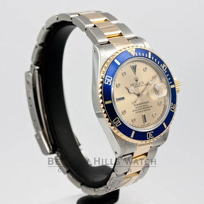 Rolex Submariner Steel and 18K Yellow Gold Serti Diamond and Sapphire Dial Watch 16803 Beverly Hills Watch Company Watches