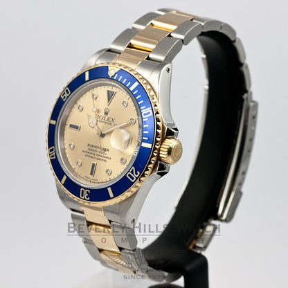 Rolex Submariner Steel and 18K Yellow Gold Serti Diamond and Sapphire Dial Watch 16803 Beverly Hills Watch Company Watches