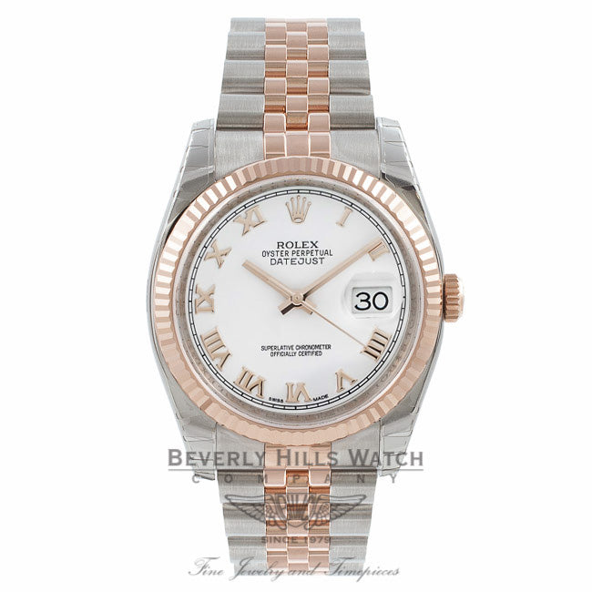Rolex Datejust 36mm Rose Gold Stainless Steel Fluted Bezel White Dial 116231 X2BIXS - Beverly Hills Watch Company Watch Store