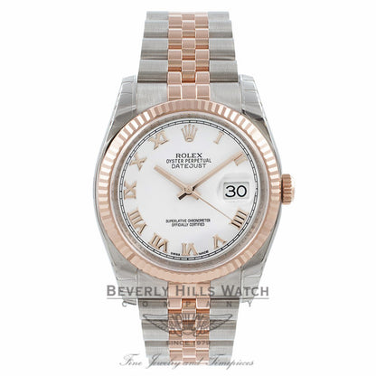 Rolex Datejust 36mm Rose Gold Stainless Steel Fluted Bezel White Dial 116231 X2BIXS - Beverly Hills Watch Company Watch Store