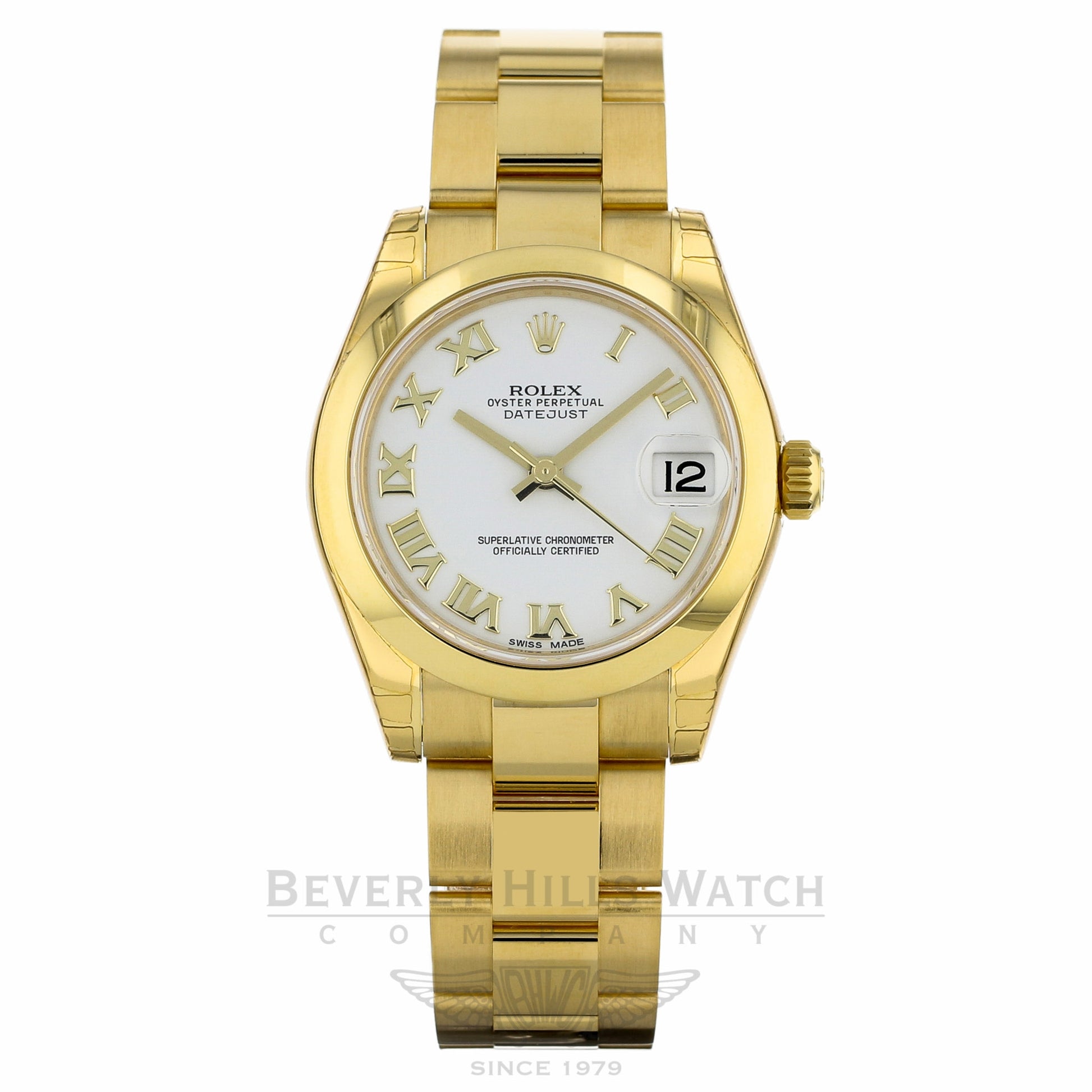 Rolex Datejust 31mm Yellow Gold Domed Bezel Oyster Bracelet White Dial 178248 D2F384 - Beverly Hills Watch Company