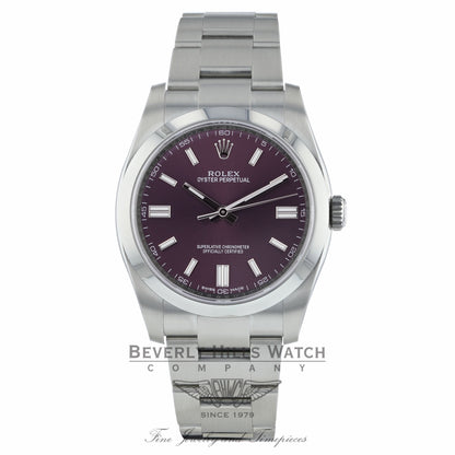 Rolex Oyster Perpetual 36mm Stainless Steel Red Grape Dial Index Markings Bracelet 116000 DCTF9Z - Beverly Hills Watch Company