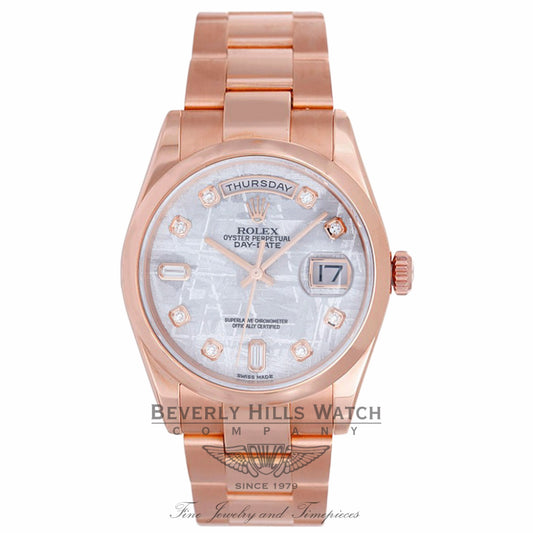 Rolex Day-Date 36mm Everose Meteorite Diamond Dial Smooth Bezel Oyster Bracelet 118205 LY0RR4 - Beverly Hills Watch Company