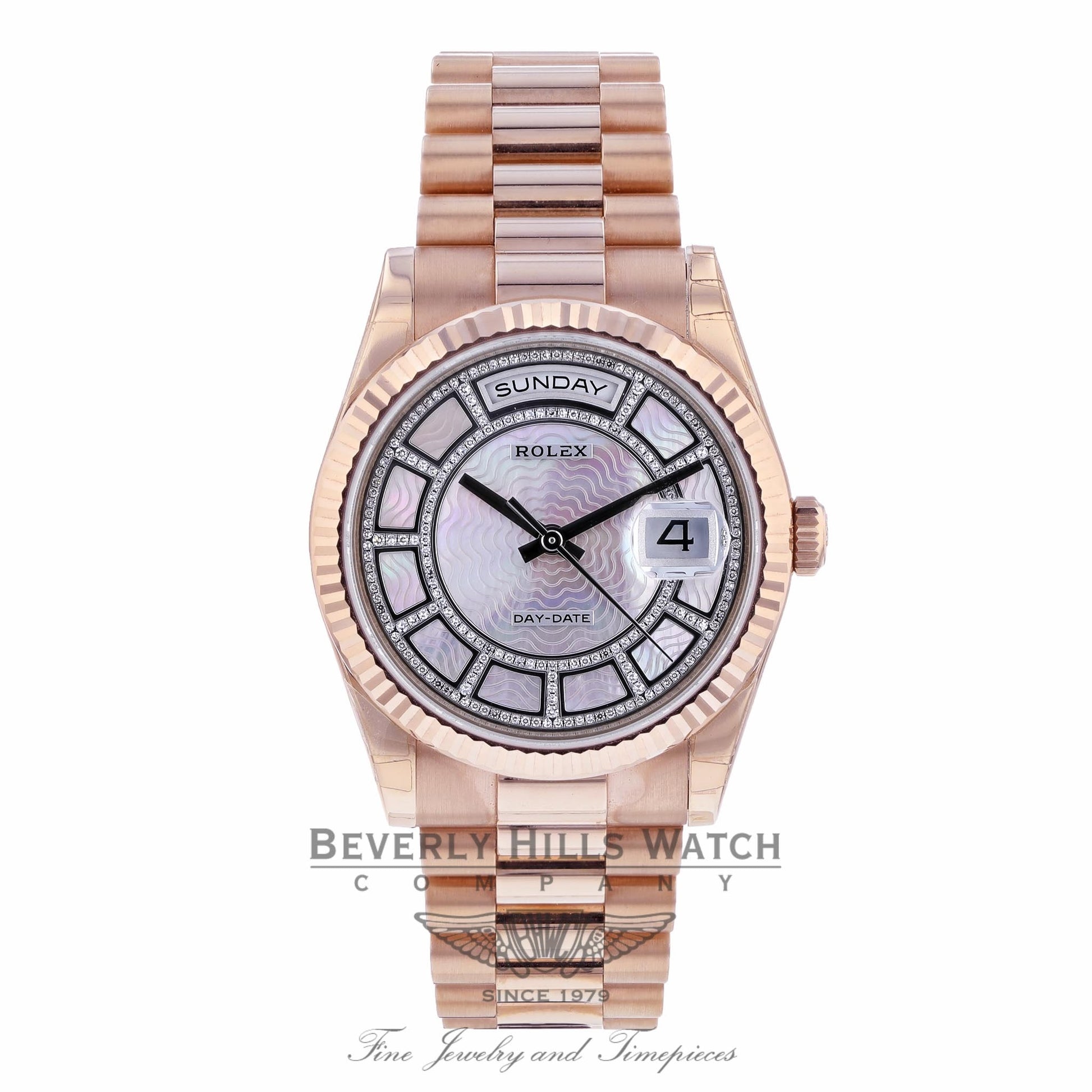 Rolex Day-Date Sertie 36mm Carousel Mother of Pearl Everose Gold Fluted Bezel 118395 C8E58V - Beverly Hill Watch Company