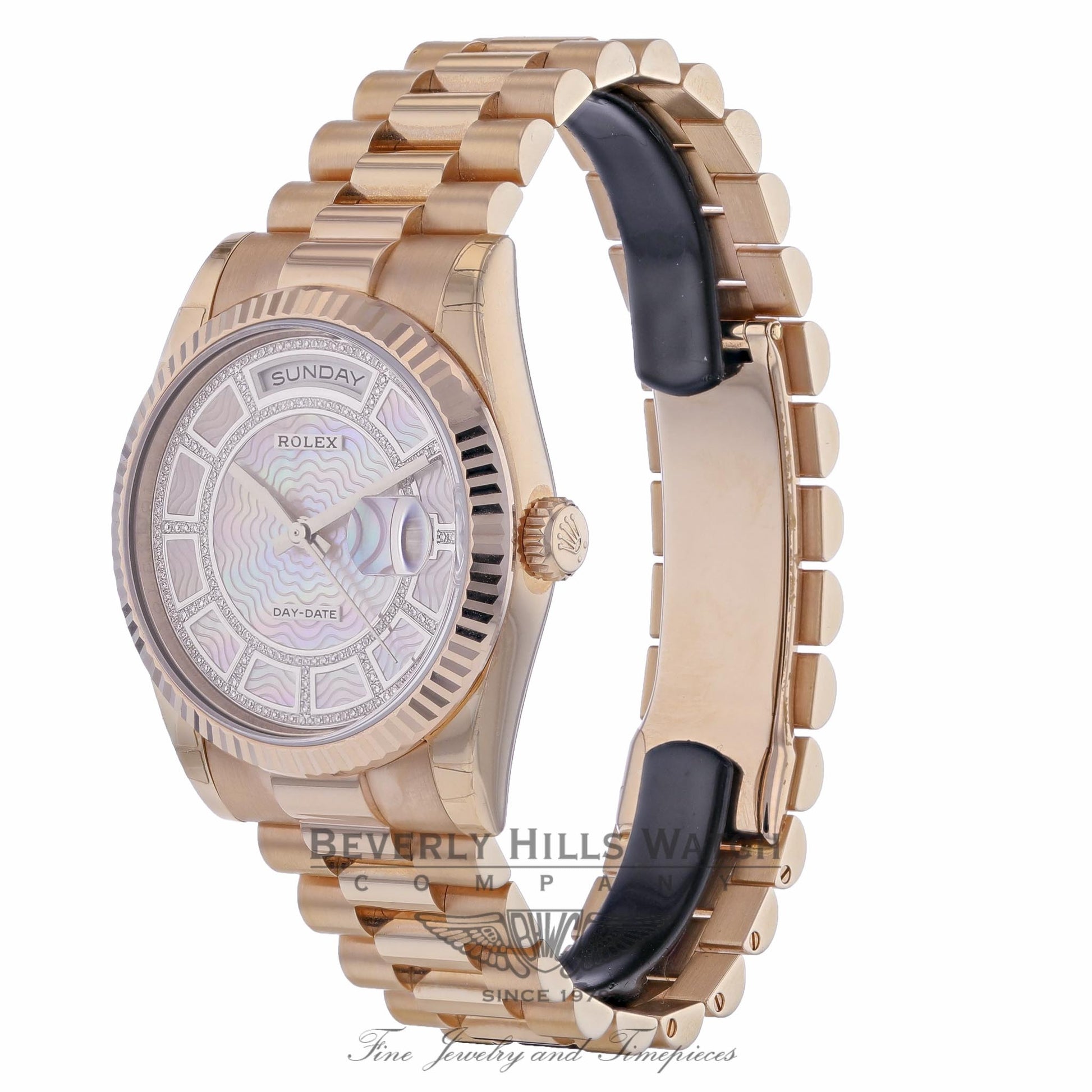 Rolex Day-Date Sertie 36mm Carousel Mother of Pearl Everose Gold Fluted Bezel 118395 C8E58V - Beverly Hill Watch Company