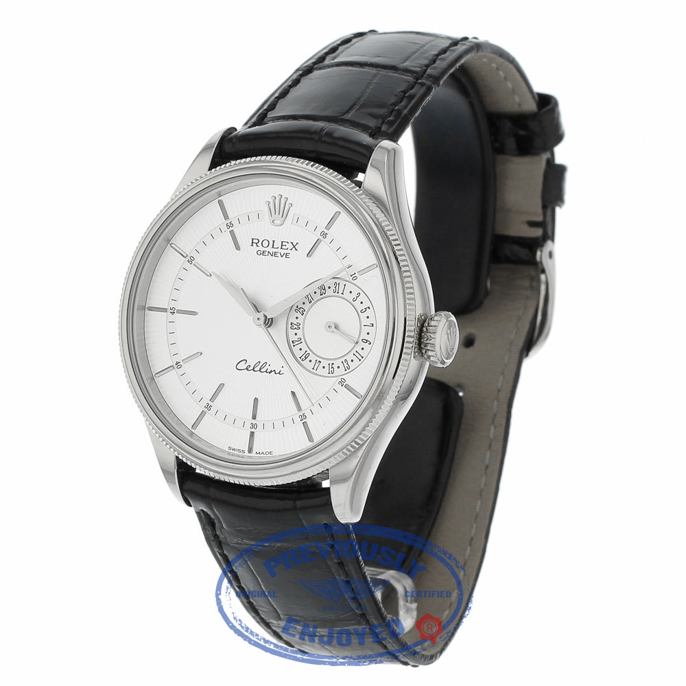 Rolex Cellini Date 39MM 18k White Gold Domed Fluted Double Bezel Silver Guilloche Dial Black Strap 50519 42ZRF5 - Beverly Hills Watch Company