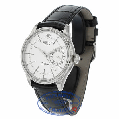 Rolex Cellini Date 39MM 18k White Gold Domed Fluted Double Bezel Silver Guilloche Dial Black Strap 50519 42ZRF5 - Beverly Hills Watch Company
