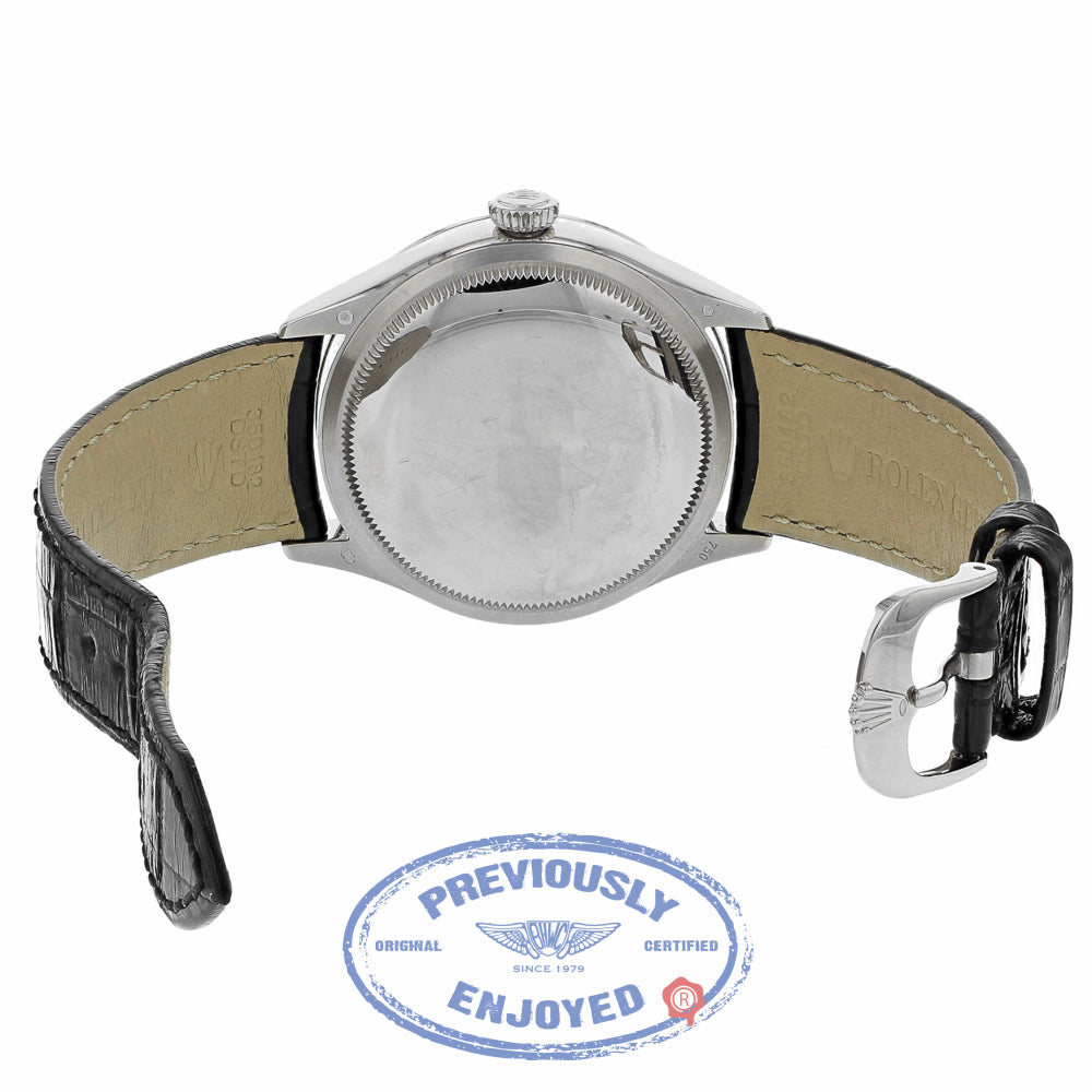 Rolex Cellini Date 39MM 18k White Gold Domed Fluted Double Bezel Silver Guilloche Dial Black Strap 50519 42ZRF5 - Beverly Hills Watch Company