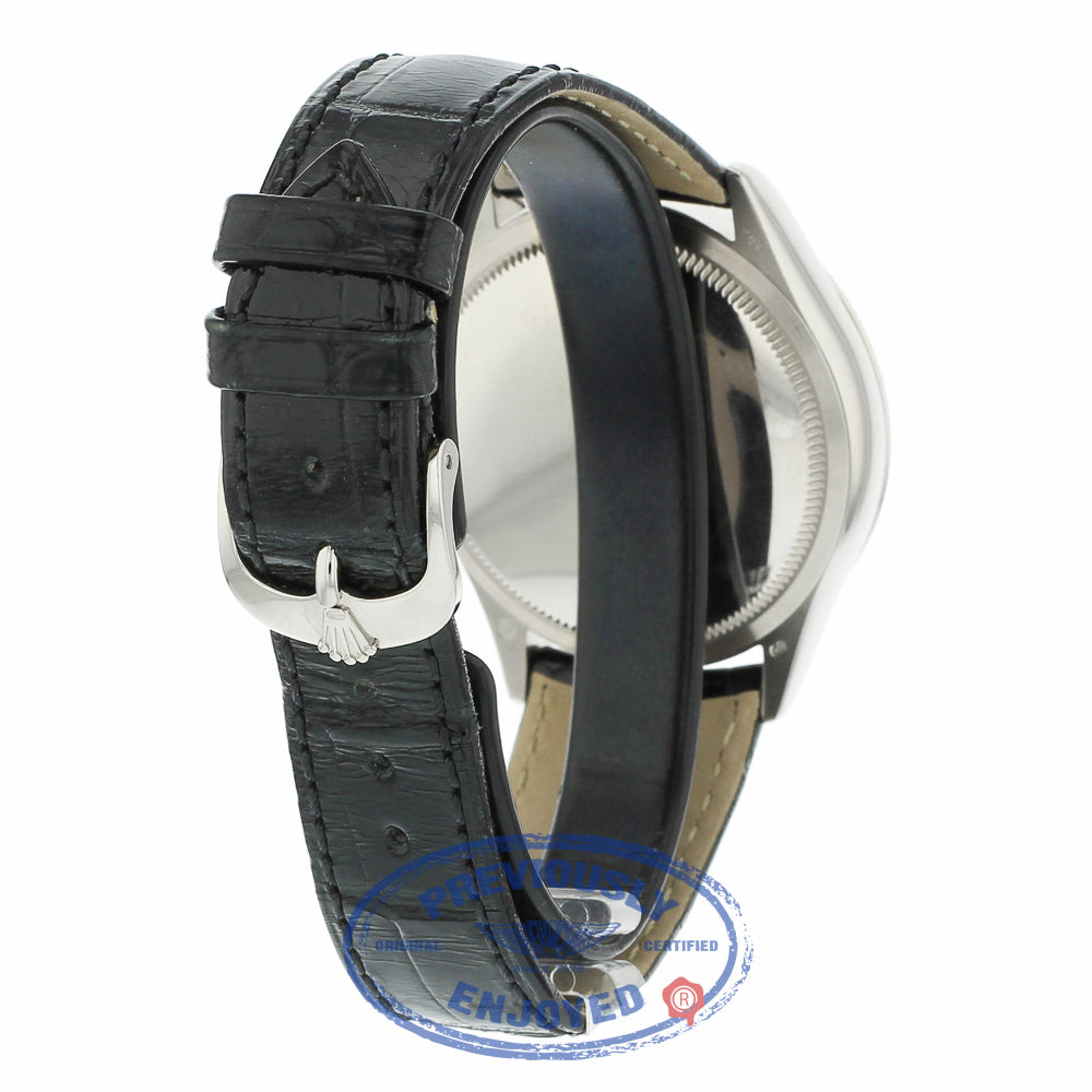 Rolex Cellini Date 39MM 18k White Gold Domed Fluted Double Bezel Silver Guilloche Dial Black Strap 50519 42ZRF5 - Beverly Hills Watch Company