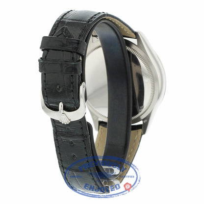 Rolex Cellini Date 39MM 18k White Gold Domed Fluted Double Bezel Silver Guilloche Dial Black Strap 50519 42ZRF5 - Beverly Hills Watch Company