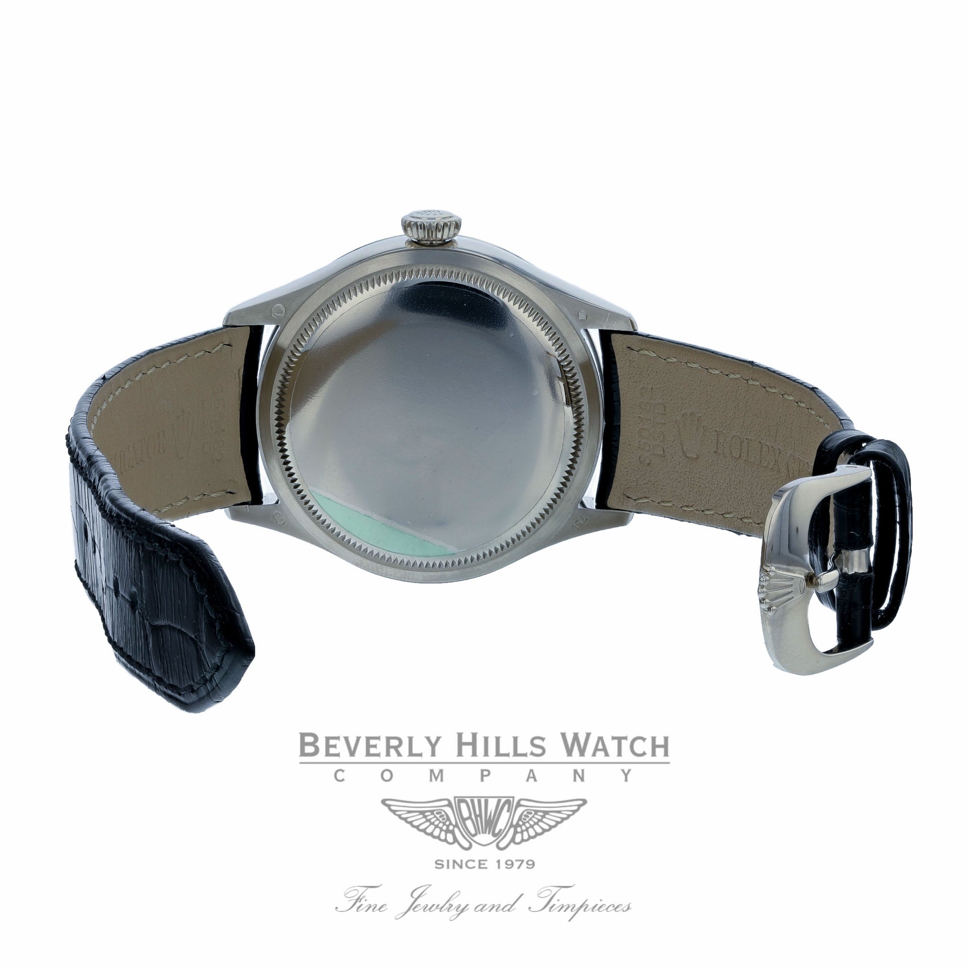 Rolex Cellini Date 39MM 18k White Gold Domed Fluted Double Bezel Black Dial Black Strap 50519 4XUXR8 - Beverly Hills Watch Company