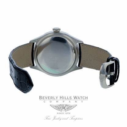 Rolex Cellini Date 39MM 18k White Gold Domed Fluted Double Bezel Black Dial Black Strap 50519 4XUXR8 - Beverly Hills Watch Company