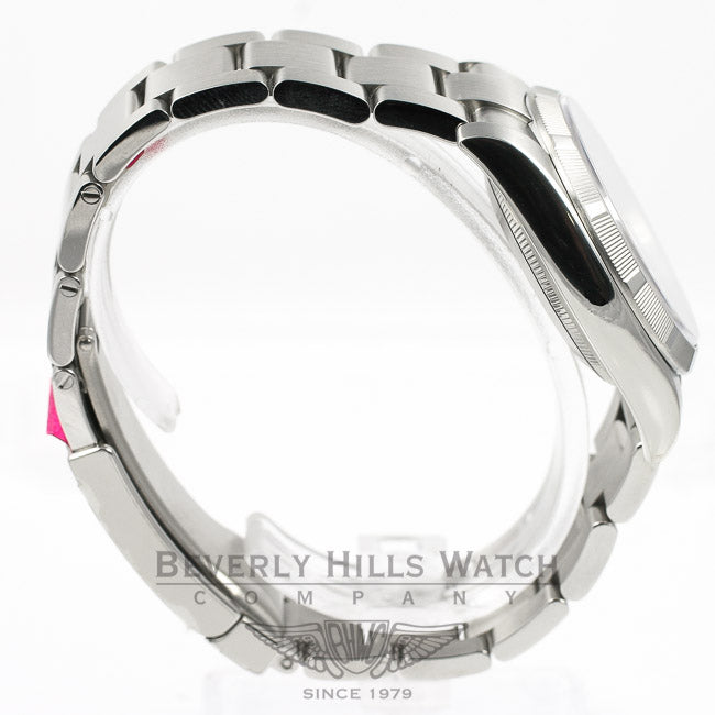 Rolex Air King 34mm Stainless Steel Oyster Bracelet Engine Turn Bezel Silver Orange Arabic Numeral Dial Watch 114200 Beverly Hills Watch Company Watches