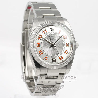 Rolex Air King 34mm Stainless Steel Oyster Bracelet Engine Turn Bezel Silver Orange Arabic Numeral Dial Watch 114200 Beverly Hills Watch Company Watches