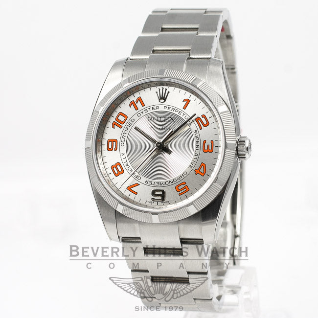 Rolex Air King 34mm Stainless Steel Oyster Bracelet Engine Turn Bezel Silver Orange Arabic Numeral Dial Watch 114200 Beverly Hills Watch Company Watches