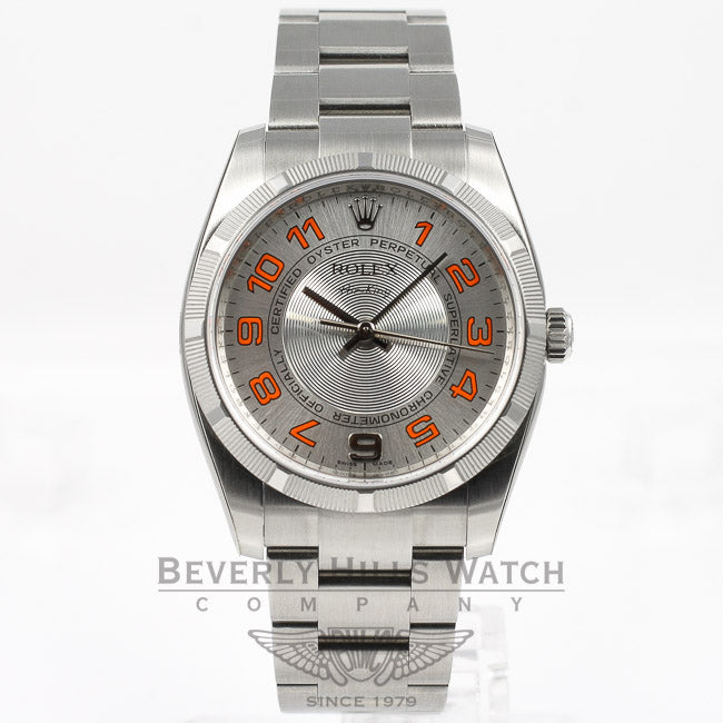 Rolex Air King 34mm Stainless Steel Oyster Bracelet Engine Turn Bezel Silver Orange Arabic Numeral Dial Watch 114200 Beverly Hills Watch Company Watches