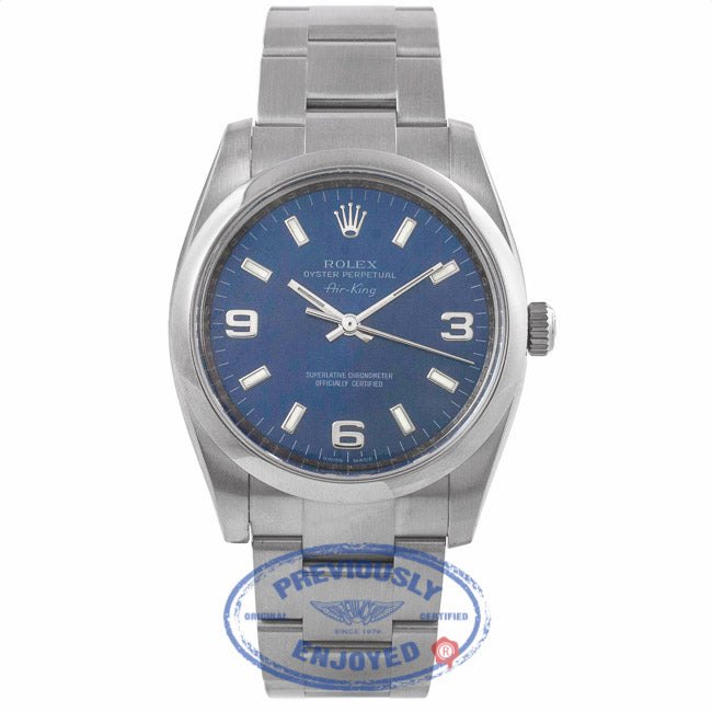 Rolex Air King Stainless Steel Oyster Bracelet Domed Bezel Blue Dial Watch 114200 5PNKPE - Beverly Hills Watch Company Watch Store