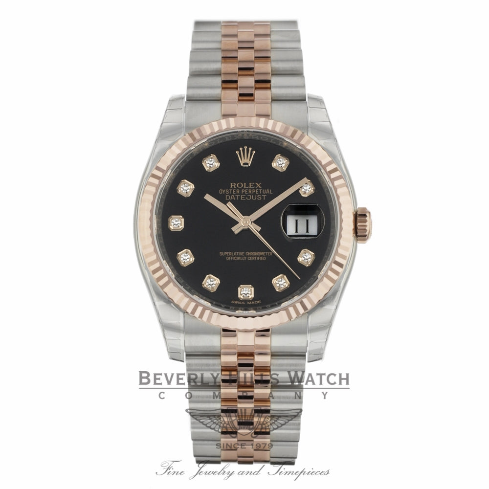 Rolex DateJust 36mm 18k Rose Gold and Stainless Steel Black Diamond Dial 116231 MHH2EZ - Beverly Hills Watch