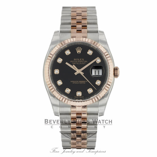 Rolex DateJust 36mm 18k Rose Gold and Stainless Steel Black Diamond Dial 116231 MHH2EZ - Beverly Hills Watch