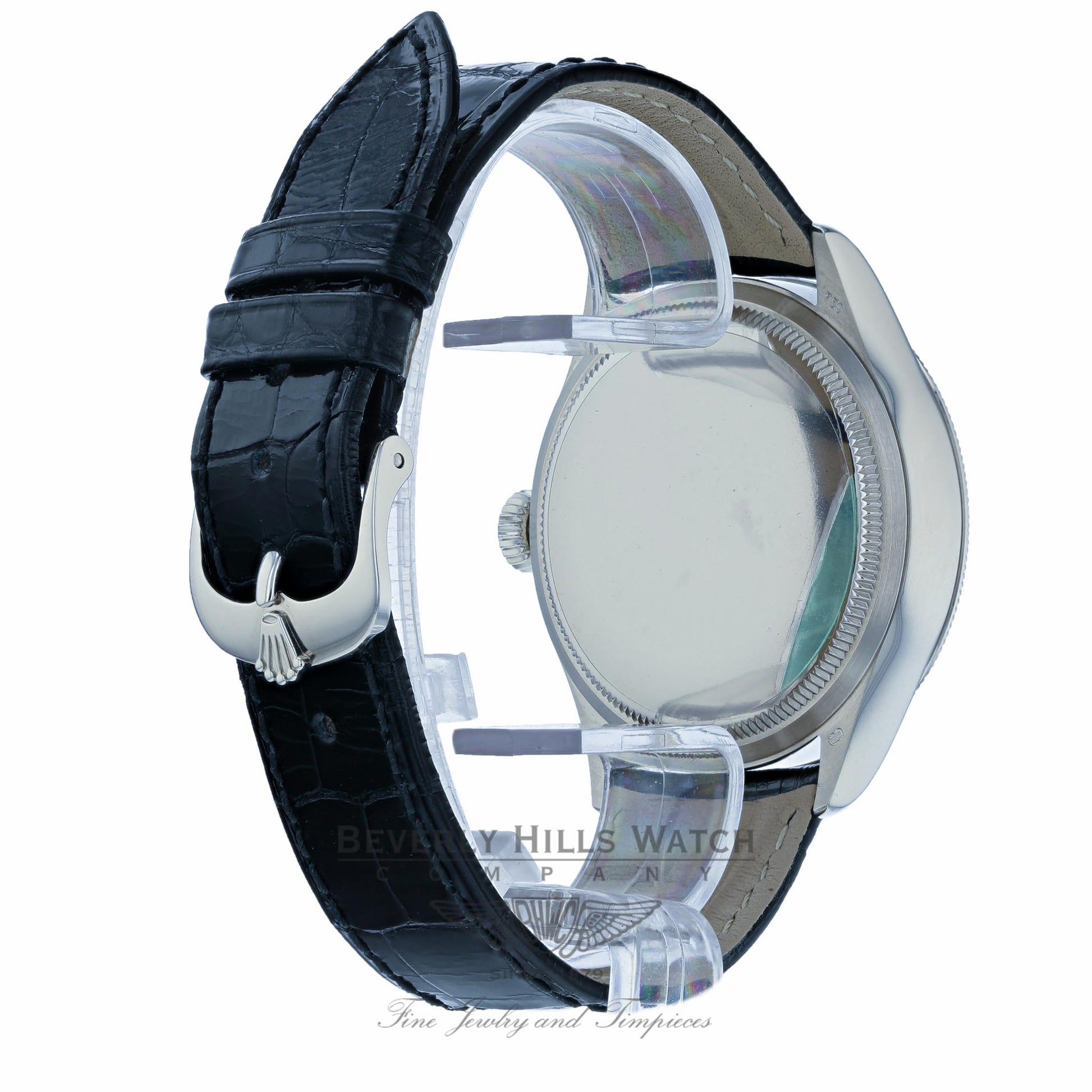 Rolex Cellini Date 39MM 18k White Gold Domed Fluted Double Bezel Black Dial Black Strap 50519 4XUXR8 - Beverly Hills Watch Company