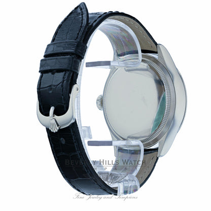 Rolex Cellini Date 39MM 18k White Gold Domed Fluted Double Bezel Black Dial Black Strap 50519 4XUXR8 - Beverly Hills Watch Company