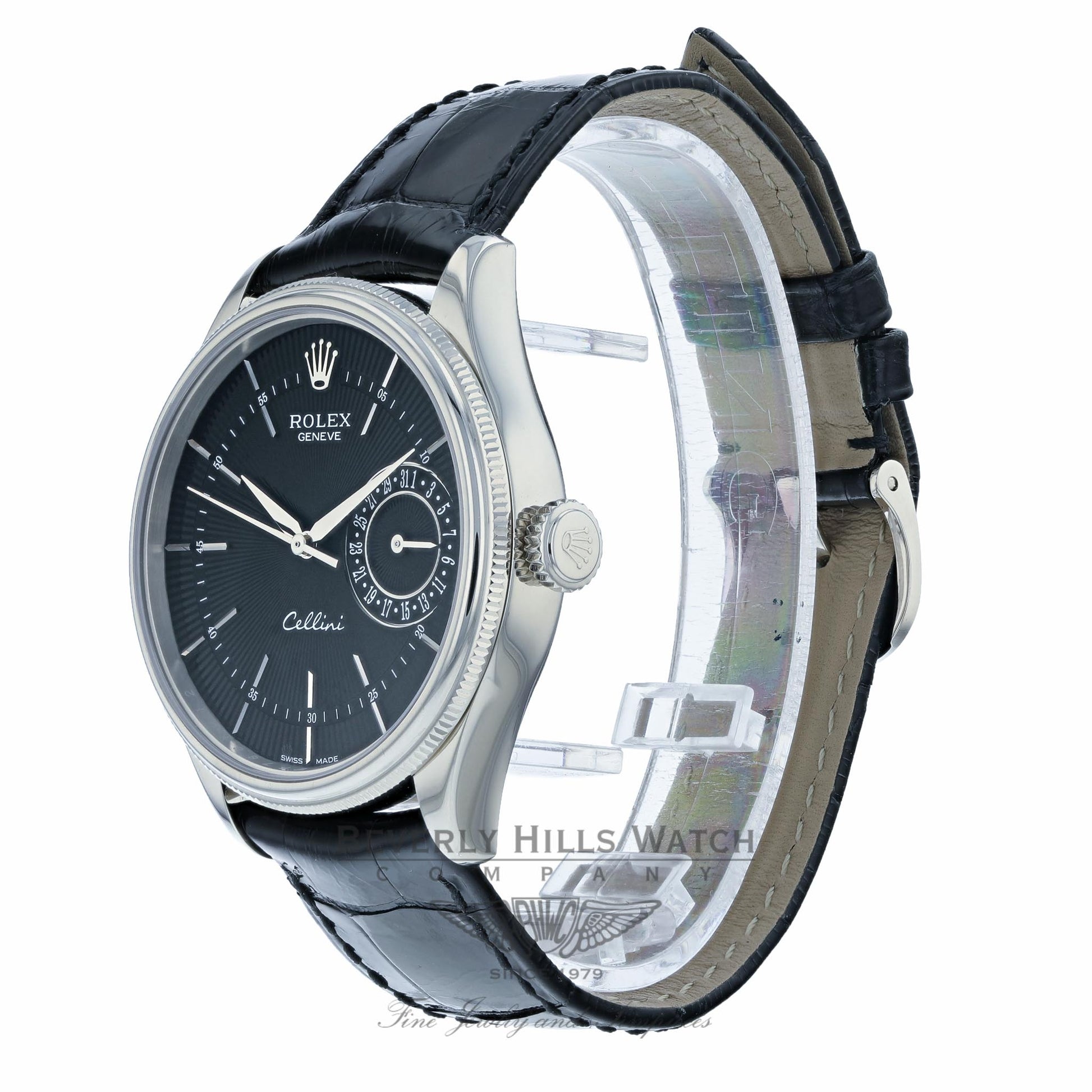 Rolex Cellini Date 39MM 18k White Gold Domed Fluted Double Bezel Black Dial Black Strap 50519 4XUXR8 - Beverly Hills Watch Company