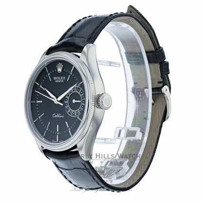 Rolex Cellini Date 39MM 18k White Gold Domed Fluted Double Bezel Black Dial Black Strap 50519 4XUXR8 - Beverly Hills Watch Company