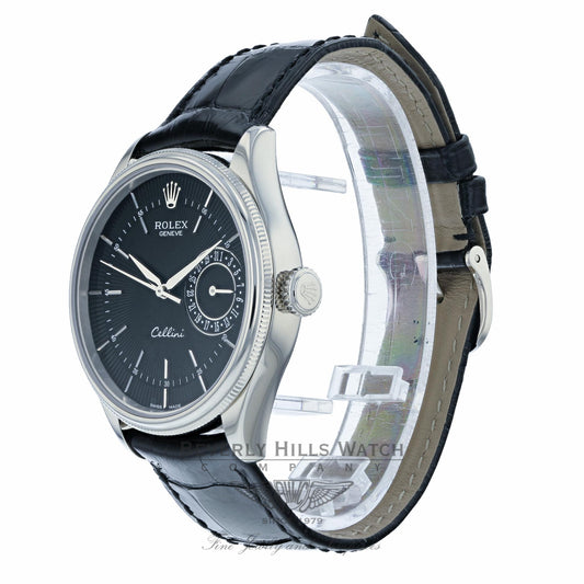 Rolex Cellini Date 39MM 18k White Gold Domed Fluted Double Bezel Black Dial Black Strap 50519 4XUXR8 - Beverly Hills Watch Company