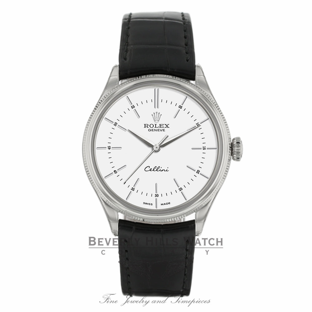 Rolex Cellini 39mm 18k White Gold Domed & Fluted Bezel White Dial 50509 4FVL1U - Beverly Hills Watch