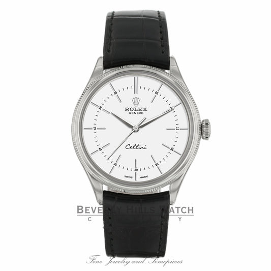 Rolex Cellini 39mm 18k White Gold Domed & Fluted Bezel White Dial 50509 4FVL1U - Beverly Hills Watch