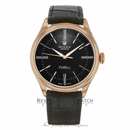 Rolex Cellini Time 18k Rose Gold Domed & Coin Edge Bezel Black Dial 50505 LC2T7E - Beverly Hills Watch Company
