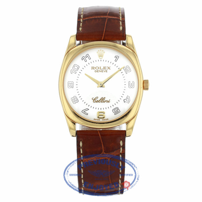 Rolex Cellini Danaos 18k Yellow Gold White Dial Arabic Numerals Brown Leather Strap 4233 8VEJC1 - Beverly Hills Watch Company
