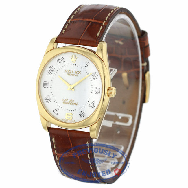 Rolex Cellini Danaos 18k Yellow Gold White Dial Arabic Numerals Brown Leather Strap 4233 8VEJC1 - Beverly Hills Watch Company